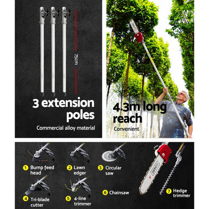 A Giantz 40CC Pole Chainsaw Hedge Trimmer Brush Cutter Whipper Saw 4-Stroke 7-in-1 is displayed, featuring a red and white 40cc engine motor unit from the Pro-series, three extension poles, a chainsaw attachment, a hedge trimmer, a red blade cover, and various cutting heads including trimmer heads and circular saw blades.