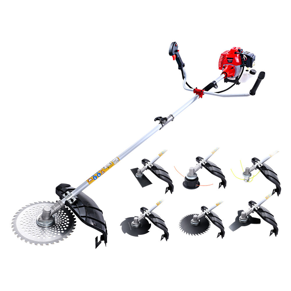 A red and silver Giantz 62CC Pole Circular Saw Petrol Brush Cutter Whipper Snipper 7-in-1 with a circular saw blade attachment. Surrounding it are six different blade and trimmer head attachments, showcasing its versatility for various landscaping tasks. This 7-in-1 gardening machine features handlebars for control and maneuverability, ideal for garden maintenance.