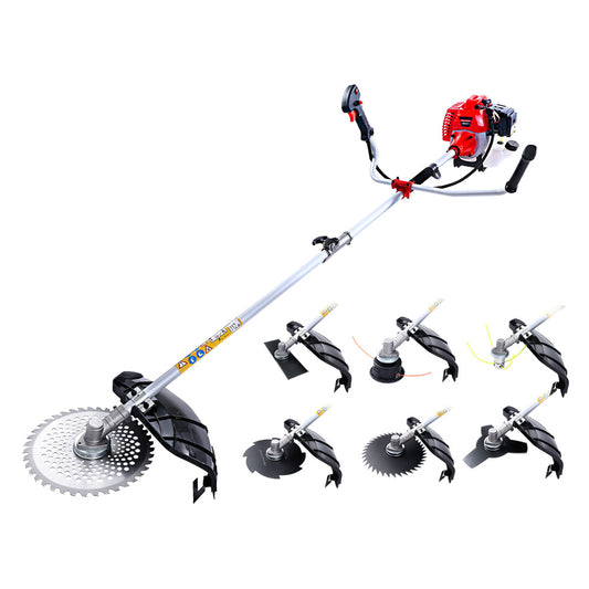 A red and silver Giantz 62CC Pole Circular Saw Petrol Brush Cutter Whipper Snipper 7-in-1 with a circular saw blade attachment. Surrounding it are six different blade and trimmer head attachments, showcasing its versatility for various landscaping tasks. This 7-in-1 gardening machine features handlebars for control and maneuverability, ideal for garden maintenance.