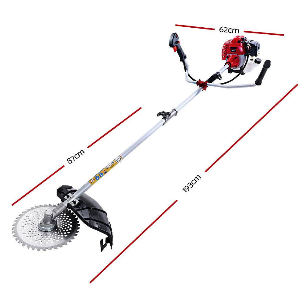 A red and silver Giantz 62CC Pole Circular Saw Petrol Brush Cutter Whipper Snipper 7-in-1 with a circular saw blade attachment. Surrounding it are six different blade and trimmer head attachments, showcasing its versatility for various landscaping tasks. This 7-in-1 gardening machine features handlebars for control and maneuverability, ideal for garden maintenance.