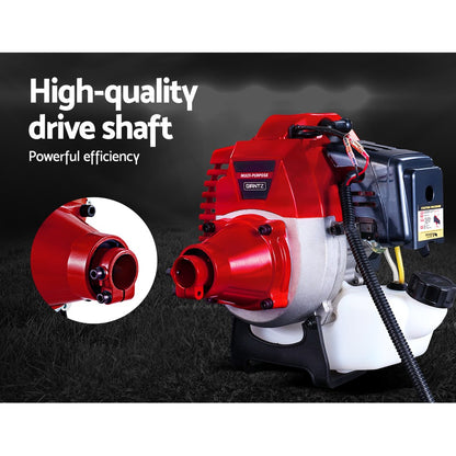 A red and silver Giantz 62CC Pole Circular Saw Petrol Brush Cutter Whipper Snipper 7-in-1 with a circular saw blade attachment. Surrounding it are six different blade and trimmer head attachments, showcasing its versatility for various landscaping tasks. This 7-in-1 gardening machine features handlebars for control and maneuverability, ideal for garden maintenance.