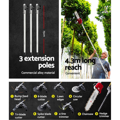 The Giantz 62CC Pole Chainsaw Hedge Trimmer Brush Cutter Whipper Snipper Saw 9-in-1 is an outdoor multi-functional gardening tool with various attachments. The main unit boasts a red and white 62CC Pole Chainsaw engine, a handle, and a long extendable pole. Attachments include a chainsaw, hedge trimmer, and various blade heads with a red sheath.