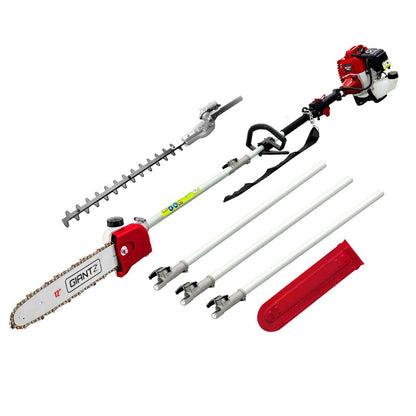 An image showcasing a Giantz 62CC Pole Chainsaw Hedge Trimmer 12in Chain Saw 4.3m Long Reach with various attachments. The red and white tool features a long handle, hedge trimmer, chainsaw attachment, and three extension rods. Additionally, there is a red protective cover for the chainsaw blade.