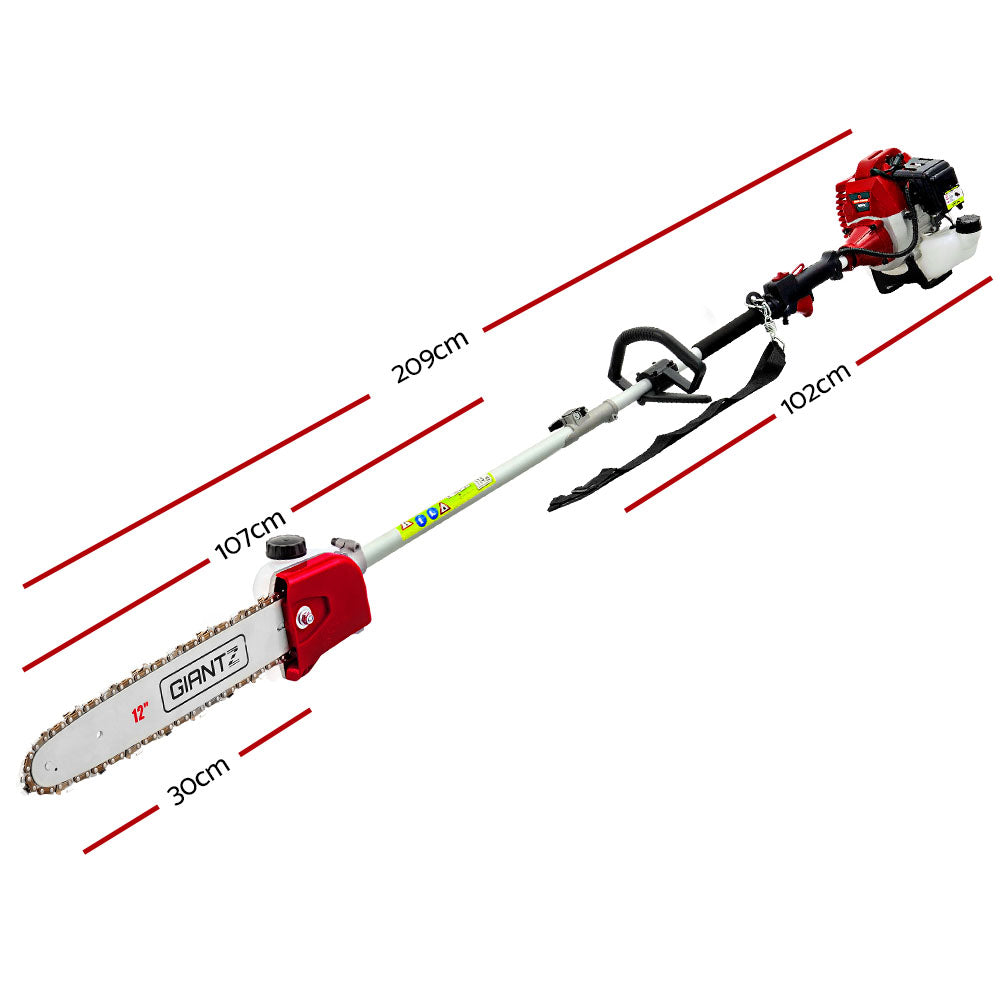 An image showcasing a Giantz 62CC Pole Chainsaw Hedge Trimmer 12in Chain Saw 4.3m Long Reach with various attachments. The red and white tool features a long handle, hedge trimmer, chainsaw attachment, and three extension rods. Additionally, there is a red protective cover for the chainsaw blade.