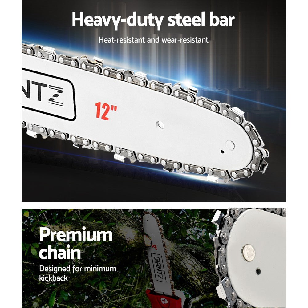 An image showcasing a Giantz 62CC Pole Chainsaw Hedge Trimmer 12in Chain Saw 4.3m Long Reach with various attachments. The red and white tool features a long handle, hedge trimmer, chainsaw attachment, and three extension rods. Additionally, there is a red protective cover for the chainsaw blade.