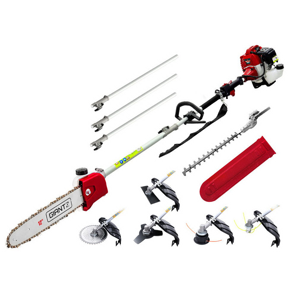 An assortment of gardening tools, including the Giantz 62CC Pole Chainsaw Hedge Trimmer Brush Cutter Whipper Saw Snipper 7-in-1. Displayed with a red and white motor unit, three metal extension rods, a red plastic blade guard, and multiple interchangeable heads for all your gardening needs.