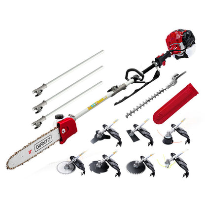 Image of a multifunctional garden tool set featuring a powerful 75cc 2-stroke engine. The set includes a motorized head with various gardening attachments: a Giantz 65CC Pole Chainsaw Hedge Trimmer Brush Cutter Whipper Snipper 9-in-1 4.3m, and three extension poles for maintaining garden landscapes.