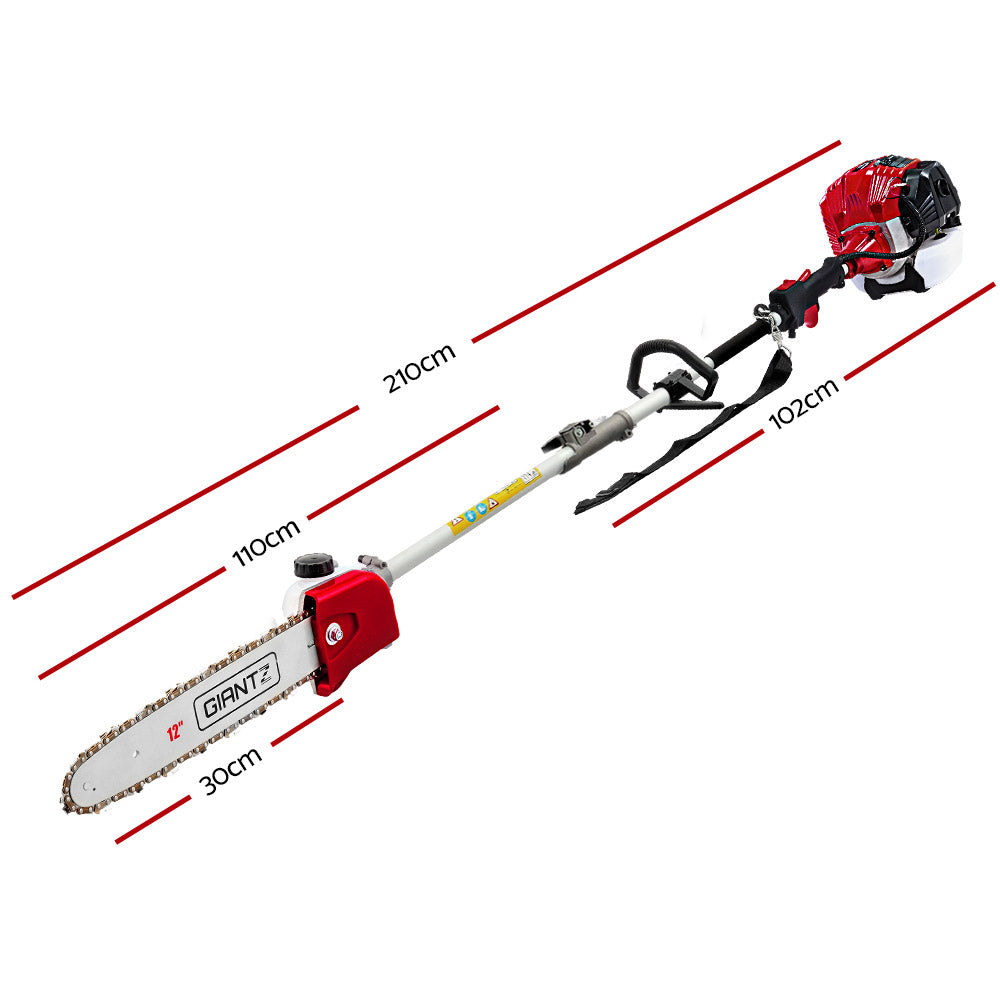 Image of a multifunctional garden tool set featuring a powerful 75cc 2-stroke engine. The set includes a motorized head with various gardening attachments: a Giantz 65CC Pole Chainsaw Hedge Trimmer Brush Cutter Whipper Snipper 9-in-1 4.3m, and three extension poles for maintaining garden landscapes.