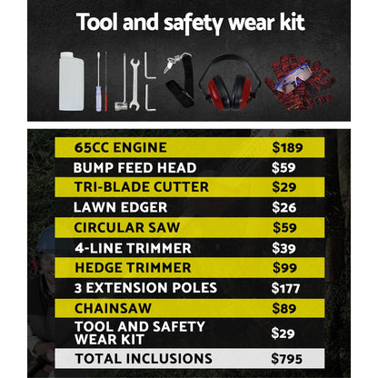 Image of a multifunctional garden tool set featuring a powerful 75cc 2-stroke engine. The set includes a motorized head with various gardening attachments: a Giantz 65CC Pole Chainsaw Hedge Trimmer Brush Cutter Whipper Snipper 9-in-1 4.3m, and three extension poles for maintaining garden landscapes.