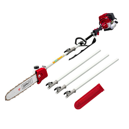 The Giantz 40CC Pole Chainsaw 12in Chain Saw 4-Stroke Petrol 4.3m Long Reach, featuring a 4-stroke 40cc engine, is red and white with an extended pole for tree trimming. It includes a shoulder strap and three additional extension poles. A red sheath cover for the chainsaw blade is also shown.