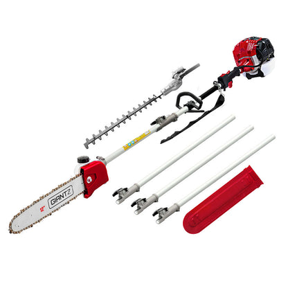 A red and silver Giantz 65CC Pole Chainsaw Hedge Trimmer 12in Chain Saw 4.3m Long Reach, featuring a chainsaw attachment, a hedge trimmer attachment, a red carry case, and three extension poles. The components are laid out on a white background.