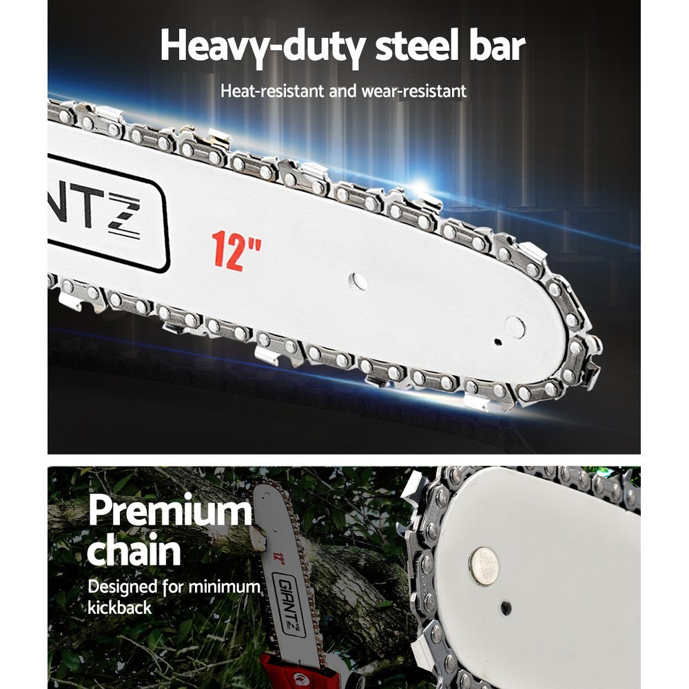 A red and silver Giantz 65CC Pole Chainsaw Hedge Trimmer 12in Chain Saw 4.3m Long Reach, featuring a chainsaw attachment, a hedge trimmer attachment, a red carry case, and three extension poles. The components are laid out on a white background.