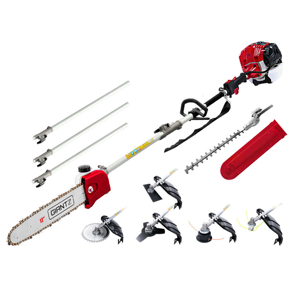 A Giantz 65CC Pole Chainsaw Hedge Trimmer Brush Cutter Whipper Saw Snipper 7-in-1 featuring a 65cc engine, a long pole saw, three additional pole attachments, a red chainsaw with cutting attachments, a red and black motor handle, a protective blade cover, and various interchangeable heads for different gardening and landscaping tasks.