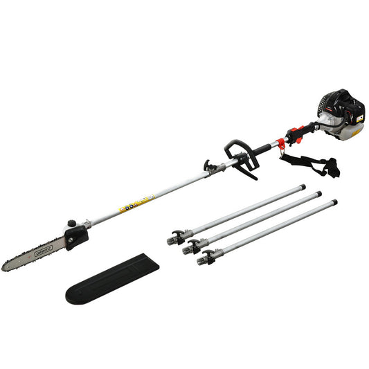 A commercial-grade, 65cc Giantz 65CC Pole Chainsaw Petrol Saw Chain Tree Pruner Extended Spark Plug featuring an extension pole, a shoulder strap, and three additional extension pieces. The tool includes a chainsaw attachment and a black plastic blade cover. It boasts a sleek grey and black color scheme with striking red accents.