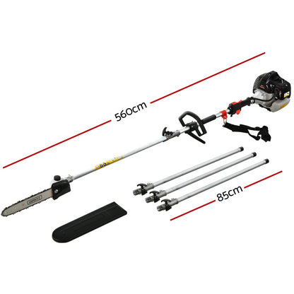 A commercial-grade, 65cc Giantz 65CC Pole Chainsaw Petrol Saw Chain Tree Pruner Extended Spark Plug featuring an extension pole, a shoulder strap, and three additional extension pieces. The tool includes a chainsaw attachment and a black plastic blade cover. It boasts a sleek grey and black color scheme with striking red accents.