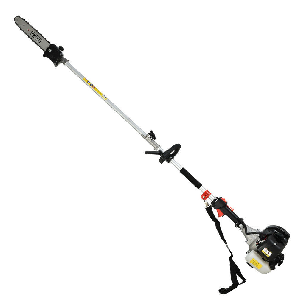 A commercial-grade, 65cc Giantz 65CC Pole Chainsaw Petrol Saw Chain Tree Pruner Extended Spark Plug featuring an extension pole, a shoulder strap, and three additional extension pieces. The tool includes a chainsaw attachment and a black plastic blade cover. It boasts a sleek grey and black color scheme with striking red accents.