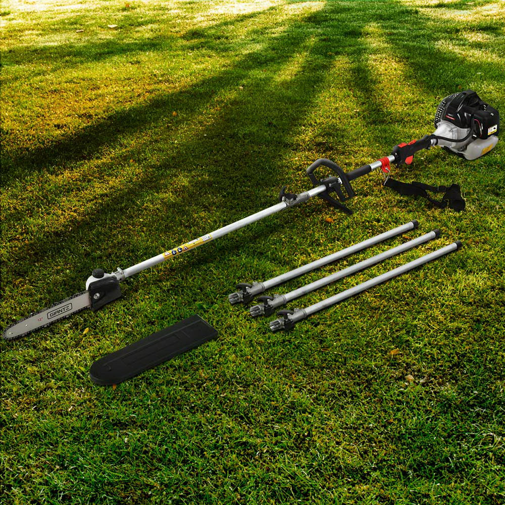 A commercial-grade, 65cc Giantz 65CC Pole Chainsaw Petrol Saw Chain Tree Pruner Extended Spark Plug featuring an extension pole, a shoulder strap, and three additional extension pieces. The tool includes a chainsaw attachment and a black plastic blade cover. It boasts a sleek grey and black color scheme with striking red accents.