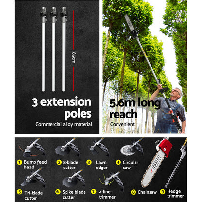 The Giantz Pole Chainsaw Hedge Trimmer Brush Cutter Whipper Snipper 9 IN 1 MultiTool is a commercial-grade gardening machine with interchangeable heads, including a chainsaw, hedge trimmer, and various cutting blades, all attached to an extendable pole. Additional components and a black protective cover are placed around the tool.