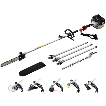 A Giantz 65CC Pole Chainsaw Petrol Brush Cutter Whipper Snipper Hedge Trimmer set that includes a long-handled chainsaw attachment, a grass trimmer attachment, multiple extension poles for versatile garden maintenance, a hedge trimmer attachment, a circular saw blade attachment, and other accessories.