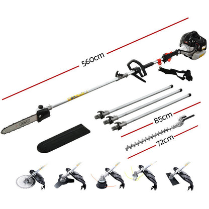 A Giantz 65CC Pole Chainsaw Petrol Brush Cutter Whipper Snipper Hedge Trimmer set that includes a long-handled chainsaw attachment, a grass trimmer attachment, multiple extension poles for versatile garden maintenance, a hedge trimmer attachment, a circular saw blade attachment, and other accessories.