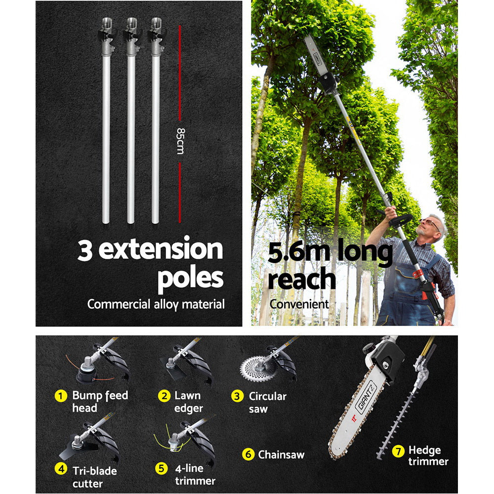 A Giantz 65CC Pole Chainsaw Petrol Brush Cutter Whipper Snipper Hedge Trimmer set that includes a long-handled chainsaw attachment, a grass trimmer attachment, multiple extension poles for versatile garden maintenance, a hedge trimmer attachment, a circular saw blade attachment, and other accessories.