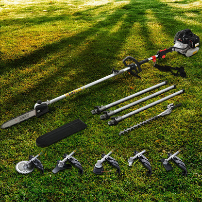 A Giantz 65CC Pole Chainsaw Petrol Brush Cutter Whipper Snipper Hedge Trimmer set that includes a long-handled chainsaw attachment, a grass trimmer attachment, multiple extension poles for versatile garden maintenance, a hedge trimmer attachment, a circular saw blade attachment, and other accessories.