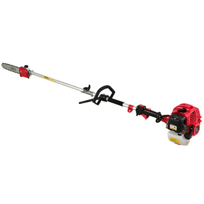 A red and silver Giantz 65CC Pole Chainsaw 12in Chain Saw Petrol 5.6m Long Reach with an extended handle attachment rests on a white background. The 65cc commercial-grade saw, featuring an anti-vibration system, includes three extension poles and a red blade cover positioned beside it, appearing ready for tree trimming or similar tasks.