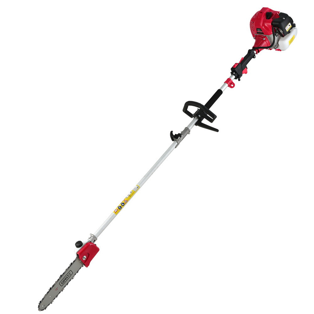 A red and silver Giantz 65CC Pole Chainsaw 12in Chain Saw Petrol 5.6m Long Reach with an extended handle attachment rests on a white background. The 65cc commercial-grade saw, featuring an anti-vibration system, includes three extension poles and a red blade cover positioned beside it, appearing ready for tree trimming or similar tasks.