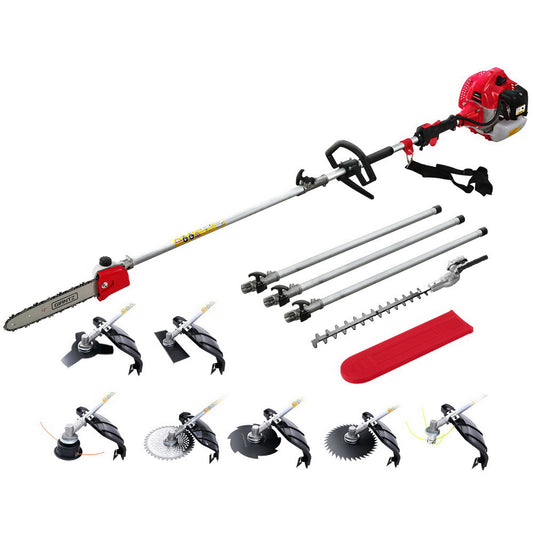 A red and black Giantz 65CC Pole Chainsaw Hedge Trimmer Brush Cutter Whipper Snipper Saw 9-in-1 5.6m with various attachments laid out on a white background. The multi-tool pole chainsaw includes a pole saw, hedge trimmer, string trimmer, brush cutter blade, and pole extensions with connecting joints, showcasing its versatility.