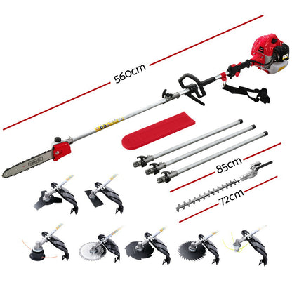 A red and black Giantz 65CC Pole Chainsaw Hedge Trimmer Brush Cutter Whipper Snipper Saw 9-in-1 5.6m with various attachments laid out on a white background. The multi-tool pole chainsaw includes a pole saw, hedge trimmer, string trimmer, brush cutter blade, and pole extensions with connecting joints, showcasing its versatility.