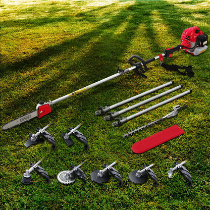 A red and black Giantz 65CC Pole Chainsaw Hedge Trimmer Brush Cutter Whipper Snipper Saw 9-in-1 5.6m with various attachments laid out on a white background. The multi-tool pole chainsaw includes a pole saw, hedge trimmer, string trimmer, brush cutter blade, and pole extensions with connecting joints, showcasing its versatility.