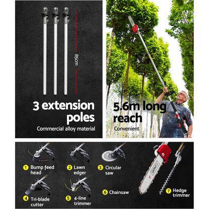 A Giantz 65CC Pole Chainsaw Hedge Trimmer Brush Cutter Whipper Snipper 7-in-1 5.6m featuring a red and black motorized pole saw with detachable handles and various attachments. Perfect for garden maintenance tasks, it includes a chainsaw, hedge trimmer, brush cutter, and other tools. A red blade cover is also included.