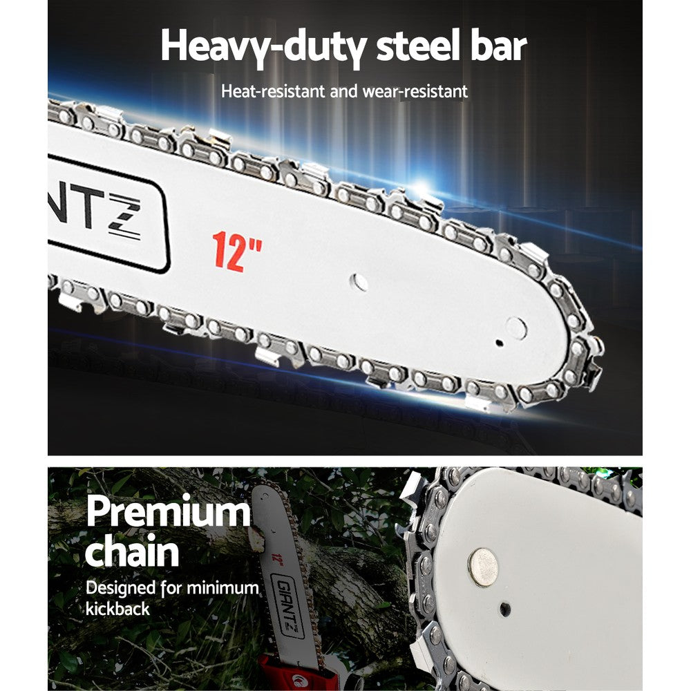 Image of a red and white Giantz 65CC Pole Chainsaw 12in Chain Saw Petrol 4.3m Long Reach with a powerful 65cc petrol engine. The chainsaw is disassembled into its main parts, including the saw, three extension poles, and a red protective cover for the blade. The handle features a black grip and shoulder strap.