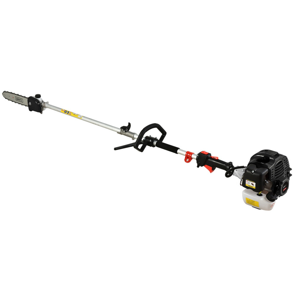 The Giantz 62CC Pole Chainsaw Hedge Trimmer Brush Cutter Whipper Snipper Saw 9-in-1 5.6m is a versatile gardening machine with various attachments, including a chainsaw, hedge trimmer, grass trimmer, brush cutter, and two different blade types. The set also includes an extension pole and a protective blade cover.