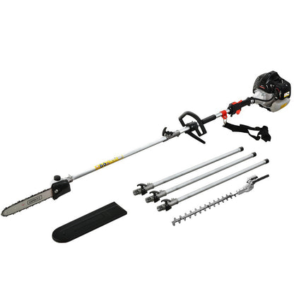 A multi-functional garden tool kit featuring the commercial-grade pro-series Giantz 62CC Pole Chainsaw Hedge Trimmer 12in Chain Saw 5.6m Long Reach with a long pole chainsaw and three extension attachments, including a hedge trimmer, various extendable tubes, and a protective blade cover. The tool has a gas-powered engine and a black shoulder strap for support.