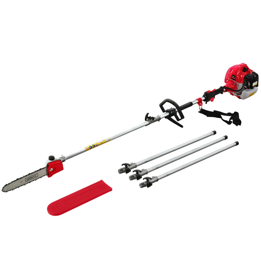 An extendable pole chainsaw with a red chainsaw head and motor. The saw has a long metal pole, a handle, and a shoulder strap for support. Next to the saw are three extension pieces and a red blade cover. This Giantz 62CC Pole Chainsaw 12in Chain Saw Petrol 5.6m Long Reach Red features an adjustable automatic oil feeding system.