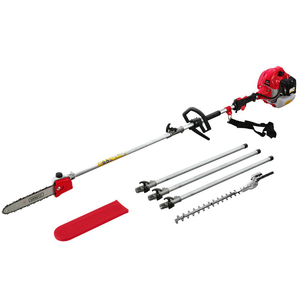 Image of a Giantz 62CC Pole Chainsaw Hedge Trimmer 12in Chain Saw 5.6m Long Reach Red featuring a red pole saw with a long silver shaft, powered by a robust petrol engine. A small 62cc chainsaw is attached to the end, complemented by a black handle for precision. The kit includes separate attachment components and a red blade cover, positioned on a white background.