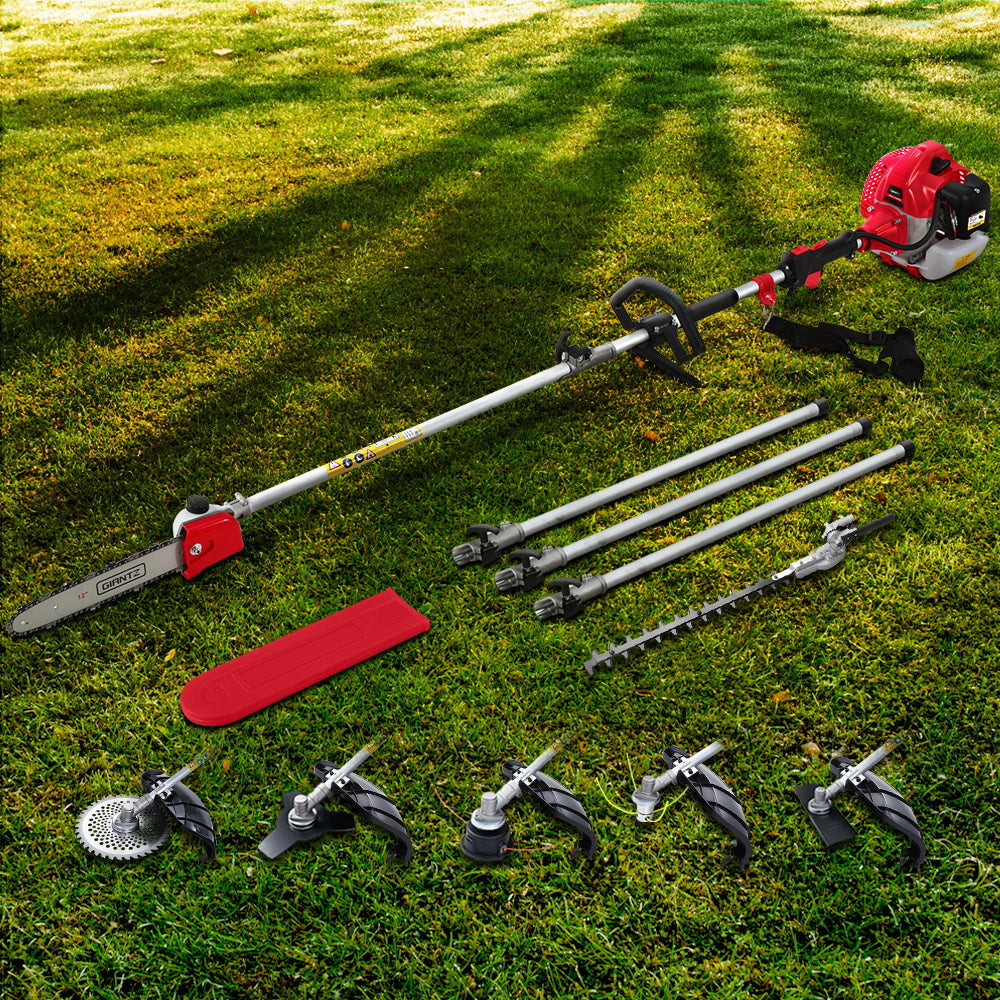 Introducing the Giantz 62CC Pole Chainsaw Hedge Trimmer Brush Cutter Whipper 7-in-1 5.6m Red, a multi-functional outdoor power equipment set featuring a red and black engine unit, a long extendable pole, and multiple interchangeable attachments. Perfect for garden maintenance tasks, it includes a small chainsaw, hedge trimmer, brush cutter blade, grass trimmer, and other gardening tools.