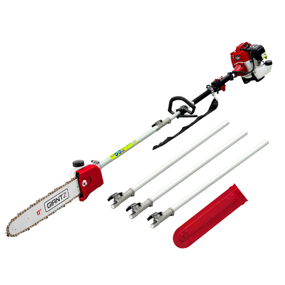 A red and white Giantz 62CC Pole Chainsaw 12in Chain Saw Petrol 4.3m Long Reach Red is laid out on a white background, featuring an extendable handle. This petrol engine chainsaw includes three extension rods, a red blade cover, and a shoulder strap for easier maneuverability. An anti-vibration system ensures smoother operation.