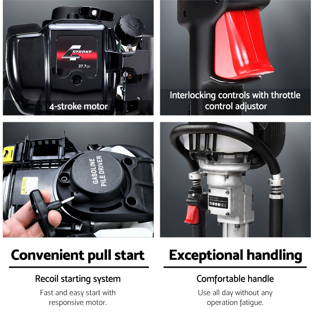 A Giantz Petrol Post Driver 4-Stroke Rammer Pile Star Picket Fence Hole Black is shown with its accessories, including a black carrying case and three attachment rings. The driver features a prominent handle, engine, heavy-duty cylindrical body, and vibration absorbing springs for added comfort during operation.