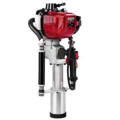 A red and silver Giantz Petrol Post Driver 4-Stroke Rammer Pile Star Picket Fence Hole Drive Red with vibration-absorbing springs and a black storage case. The main unit features a fuel tank, handle, motor, and hardened hammering pin. Three additional black components are displayed next to it, likely for different post sizes or attachments.