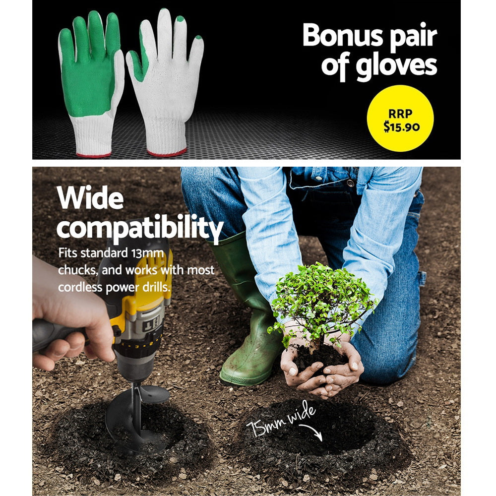 Image of a black GIANTZ Power Garden Auger Small Earth Planter 75 X 300MM Black with a size label "7.5CMX30CM" in the top left corner. Next to the heavy-duty steel auger is a pair of gardening gloves, featuring green coated palms and white fabric backs, perfect for use with power drills.