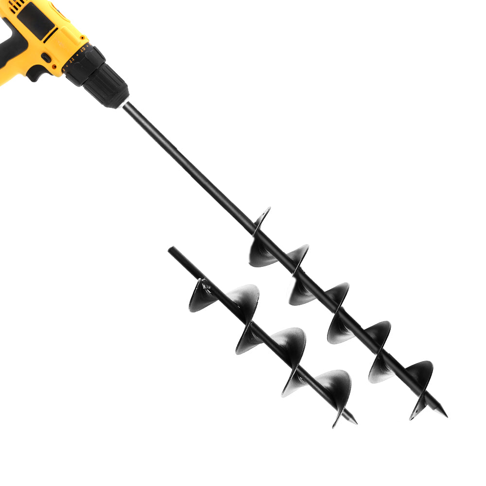 A yellow electric drill with a Giantz Power Garden Spiral Auger Hole Digger Earth Drill Bit Φ75x300 & 600mm attached. The auger bit, made of heavy-duty steel and featuring a spiral blade, is designed for efficient digging or drilling into soil. The drill is partially visible, focusing on the attachment mechanism and the robust auger bit.