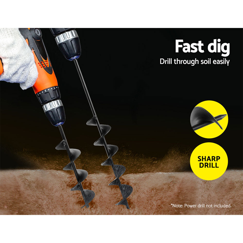 A yellow electric drill with a Giantz Power Garden Spiral Auger Hole Digger Earth Drill Bit Φ75x300 & 600mm attached. The auger bit, made of heavy-duty steel and featuring a spiral blade, is designed for efficient digging or drilling into soil. The drill is partially visible, focusing on the attachment mechanism and the robust auger bit.