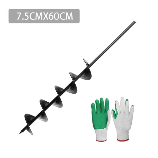 A black GIANTZ Power Garden Auger Small Earth Planter 75 X 600MM Black, made from heavy-duty steel, is displayed alongside a pair of green and white gardening gloves against a white background. The text "7.5CMX60CM" is shown in a grey box above the power auger bit, indicating its dimensions for effective planting groundwork.