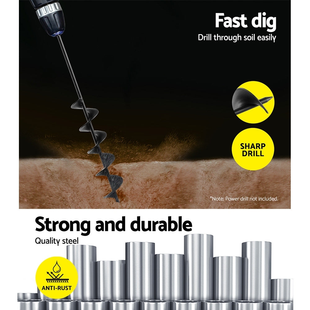 A black GIANTZ Power Garden Auger Small Earth Planter 75 X 600MM Black, made from heavy-duty steel, is displayed alongside a pair of green and white gardening gloves against a white background. The text "7.5CMX60CM" is shown in a grey box above the power auger bit, indicating its dimensions for effective planting groundwork.