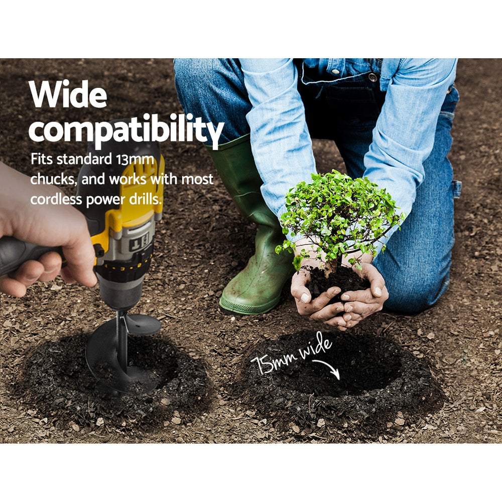 A black GIANTZ Power Garden Auger Small Earth Planter 75 X 600MM Black, made from heavy-duty steel, is displayed alongside a pair of green and white gardening gloves against a white background. The text "7.5CMX60CM" is shown in a grey box above the power auger bit, indicating its dimensions for effective planting groundwork.