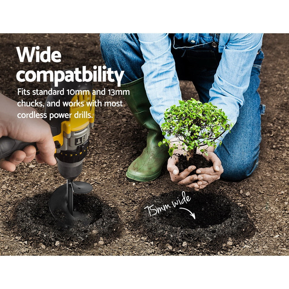 A black GIANTZ Power Garden Auger Small Earth Planter 75 X 600MM Black, made from heavy-duty steel, is displayed alongside a pair of green and white gardening gloves against a white background. The text "7.5CMX60CM" is shown in a grey box above the power auger bit, indicating its dimensions for effective planting groundwork.