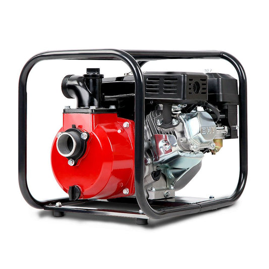 A portable red and black Giantz Petrol Water Pump 2" High Flow Transfer Fire Fighting Irrigation with a metal frame for stability. The centrifugal pump features a hose connector on the front and an engine unit attached to the back, encased in a black protective housing. Powered by a robust 210cc 4-stroke engine, the pump is placed on a flat surface.