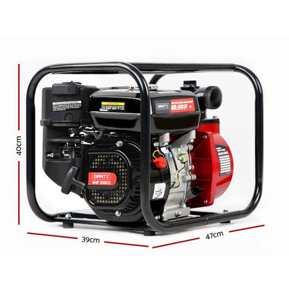 A portable, air-cooled 4-stroke engine with 8 HP, 235 CC, encased in a black frame. This engine doubles as a Giantz Petrol Water Pump 2" Transfer High Flow Fire Fighting Irrigation and features visible brand logos, a spark plug, and several components such as a fuel tank, pull starter, centrifugal pump levers and connectors.